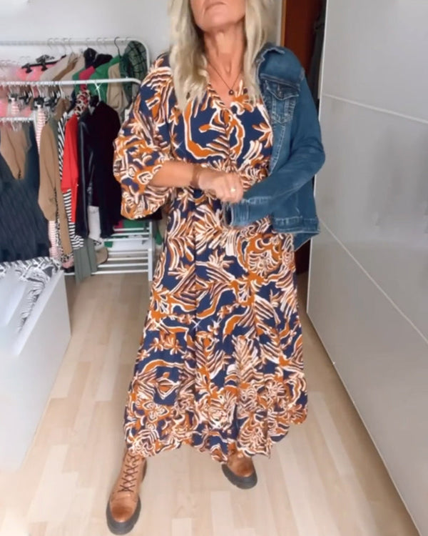 Vestido Longo com Estampa e Decote em V