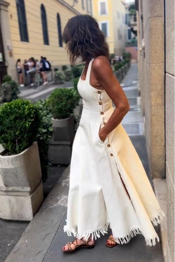 Como Usar Vestido Maxi Boho Branco com Franjas e Bolsos